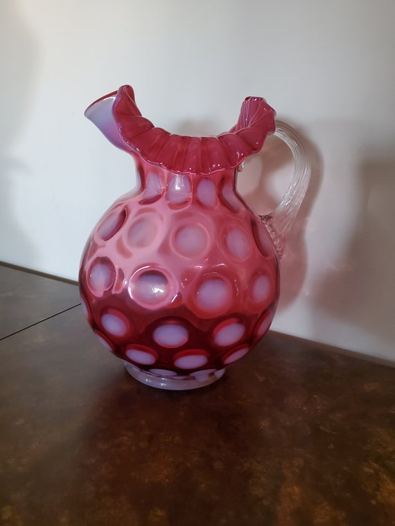 Fenton for L.G. Wright Cranberry Opalescent Dot Optic Pitcher