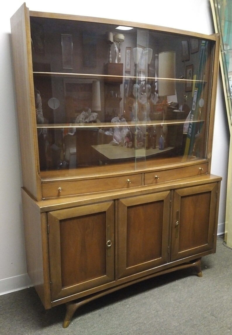 Danish Modern China Cabinet Floating Base Curved Glass Etsy