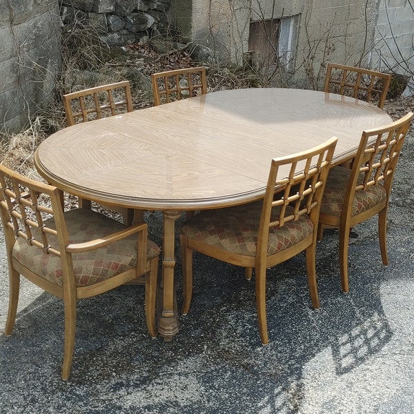 Drexel Collage Dining Set ~ Vintage Round/Oval Table w/Six Upholstered Wooden Chairs ~ Woodgrain Laminate Top