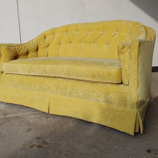 Hold for jbonhamcarter***Vintage Yellow Crushed Velvet Loveseat ~ Retro Chesterfield Petite Sofa ~ Buttons~ Tufting ~ Adorable Boho Settee