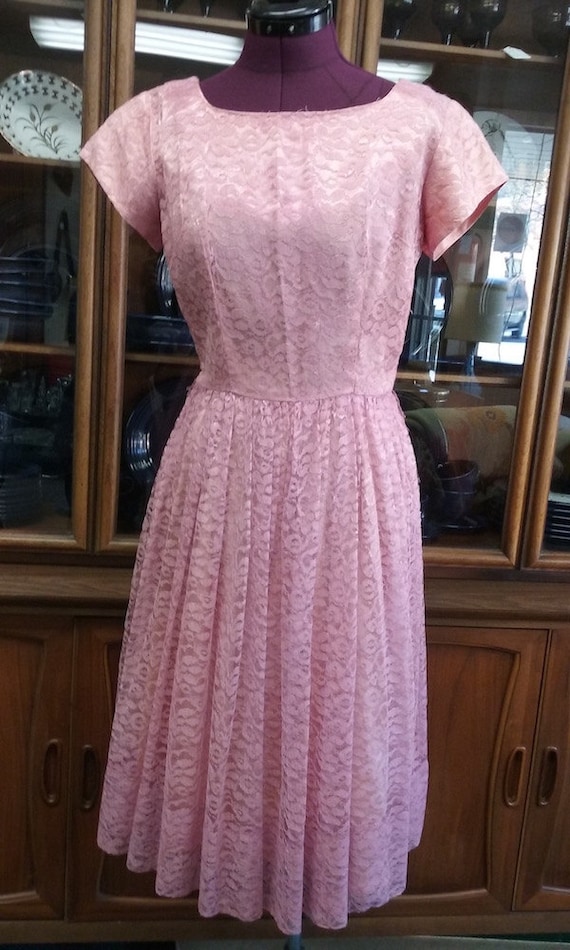 Vintage Pink Lace Overlay Dress ~ Taffeta ~ Women'