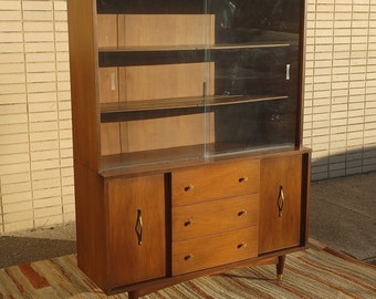 Vintage Walnut China Cabinet ~ MCM One Piece Display Hutch ~ Drawers, Cabinets ~ Tapered Legs, Glass Doors