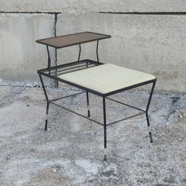 Vintage Wrought Iron Gossip Bench ~ Minimalist Chippy Black Metal Telephone Table ~ Retro Entryway Bench ~ Mudroom Seating