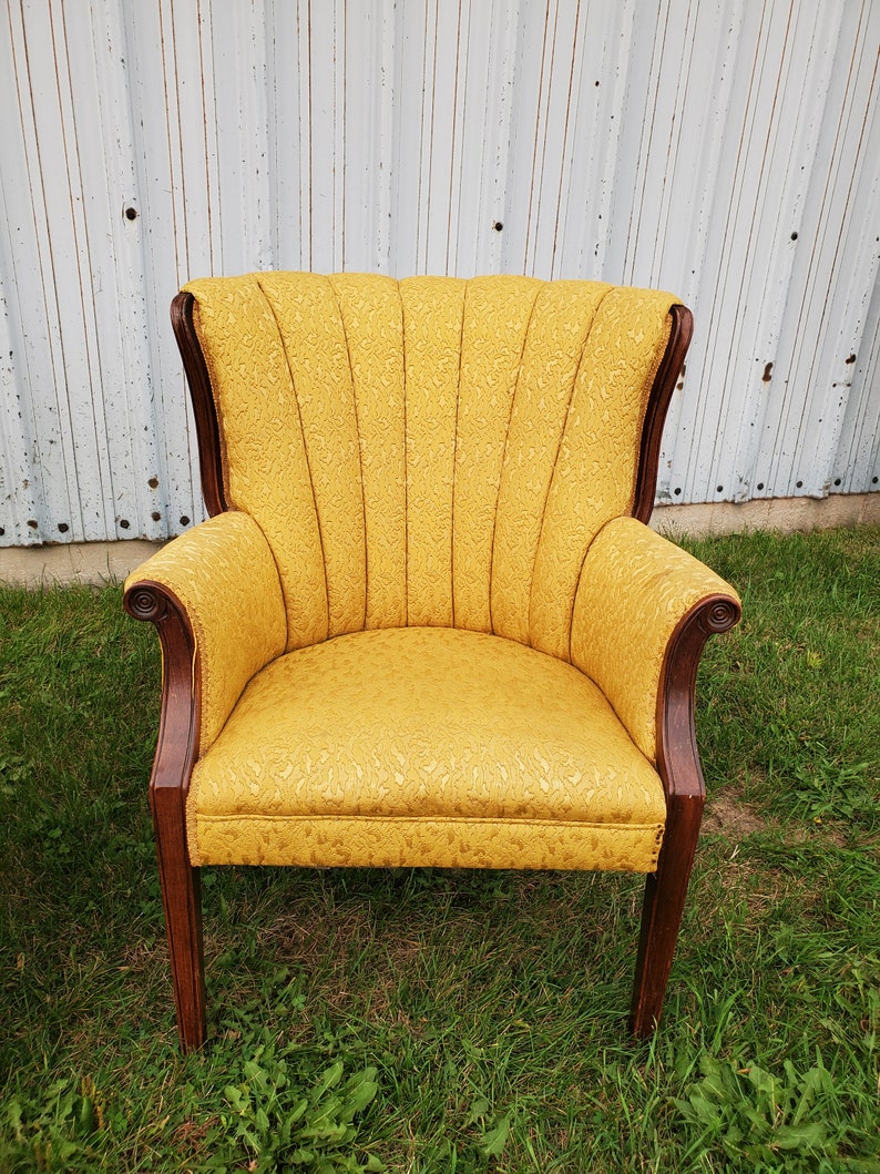 Vintage Gold Wing Back Chairs Channel Tufted Fan Accent Etsy