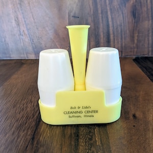 Vintage Melamine Salt and Pepper Shaker Set ~ Shakers and Caddy ~ Bob and Lida&#39;s Cleaning Center Advertising ~ Kitschy Kitchen ~ Glamping