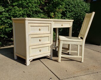 Vintage Henry Link Wicker Desk w/Chair ~ White Formica Laminate Top ~ Wrapped Paper Cord ~ Coastal ~ Cottage ~ Tropical ~ Chippy