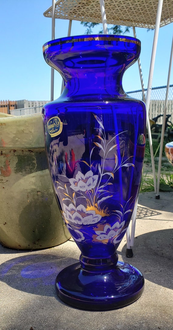 Bohemia Czech Republic Cobalt Blue Glass Vase ~ White Water Bohemia Czech Republic Cobalt Blue Glass Vase ~ White Water