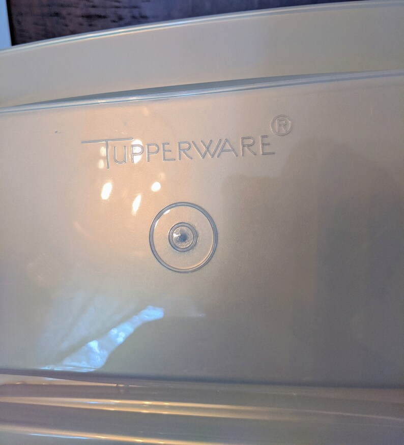 Op de afbeelding: Een witte plastic container met het woord "Tupperware" erop gedrukt. De container heeft een doorzichtig plastic deksel met een kleine ronde knop aan de bovenkant.