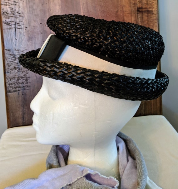 1960's Black Raffia Cellophane Straw Hat ~ Boho C… - image 2