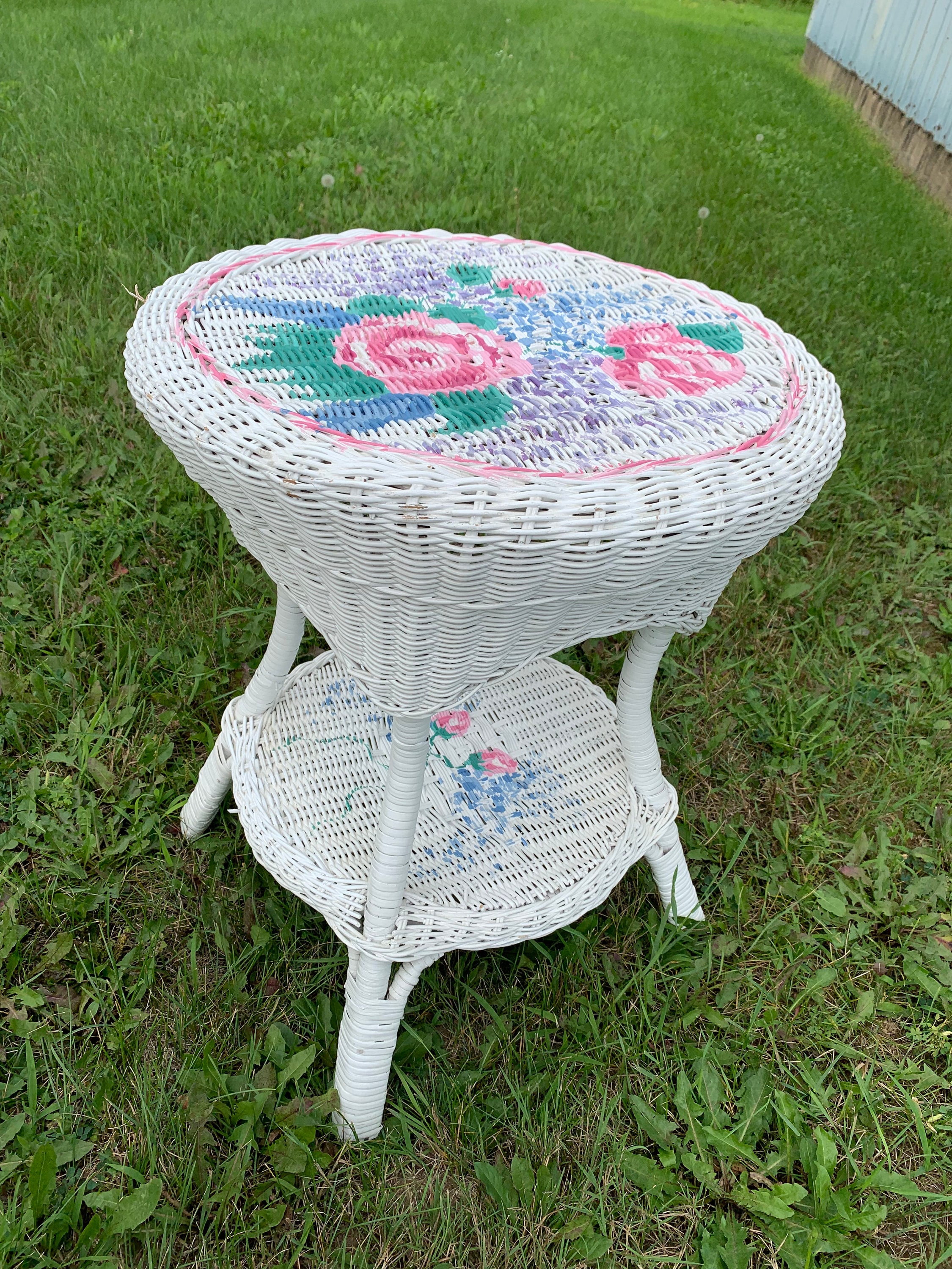 Vintage White Wicker Side Table W painted Roses Round Wicker End Table W magazine Shelf Farmhouse Cottage Pink Blue Green Etsy