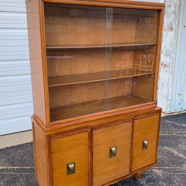 Vintage Mahogany China Cabinet by Blowing Rock Furniture - Solid Wood ~ Glass Doors ~  Double Plate Rails ~ Retro Dining Storage/Display