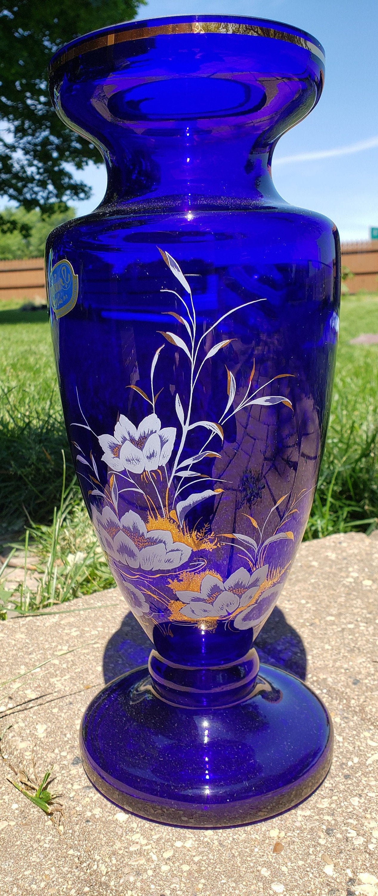 Bohemia Czech Republic Cobalt Blue Glass Vase ~ White Water Lilies