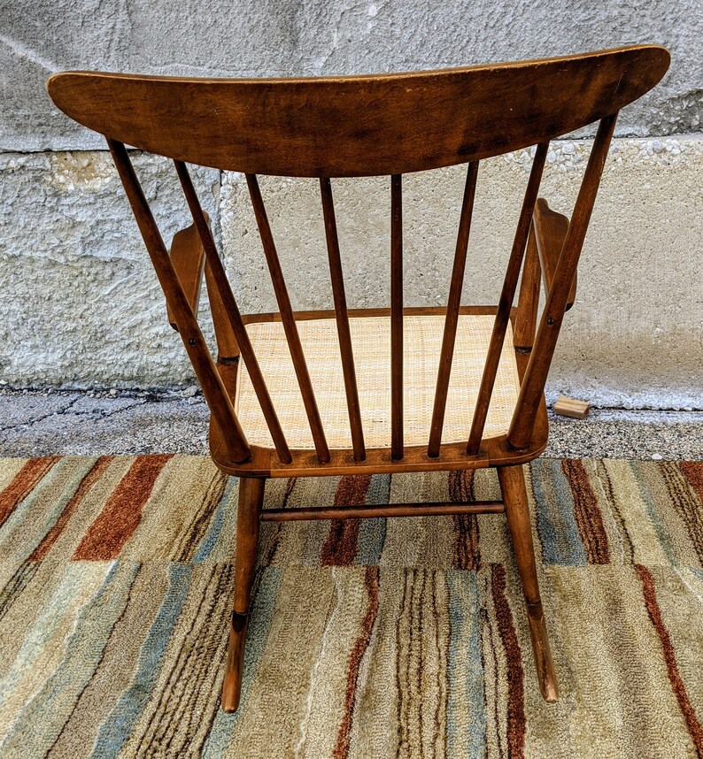 Danish Modern Wooden Rocking Chair Tapered Spindles Caned Etsy