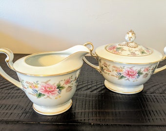 Noritake China Mystery #196 Creamer and Sugar Bowl with Lid, Made in Japan ~ Pink, Blue Green Floral Pattern ~ Vintage Porcelain China