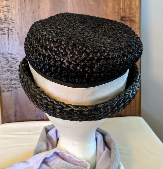 1960's Black Raffia Cellophane Straw Hat ~ Boho C… - image 3