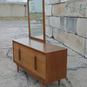 Vintage Danish Modern Double Dresser w/Offset Mirror ~ Burlwood Vertical Pulls ~ Tapered Legs ~ 6 DrawerCredenza ~ MCM image 3