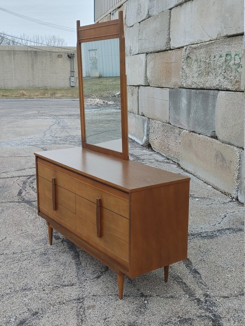 Vintage Danish Modern Double Dresser w/Offset Mirror ~ Burlwood Vertical Pulls ~ Tapered Legs ~ 6 DrawerCredenza ~ MCM image 3