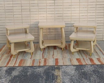 Set of 3 Atomic Blonde End Tables ~ Sexy 50&#39;s Pickled/Limed Oak ~ Step Tables w/Lamp Table ~ Gold Tapered Legs ~ MCM ~ Vintage