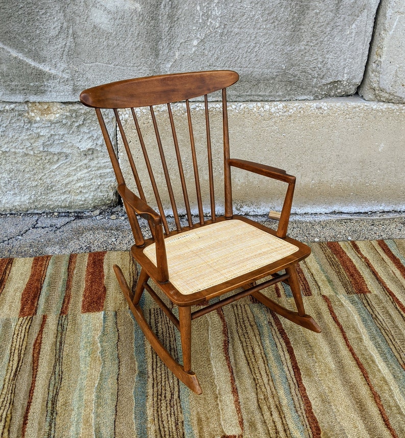 Danish Modern Wooden Rocking Chair Tapered Spindles Caned Etsy