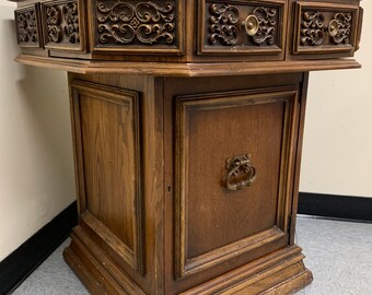 Cocktail/Bar Cabinet Table by Lane - Wood Pedestal with Laminate Top - Drawer and Cabinet - Decorative Sides, Knobs & Handle