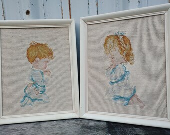 Pair Vintage Needlepoint/Petit Point Praying Children ~ Charlot Byj Artwork Framed ~ Wool Hand-Worked Embroidery ~ Nursery Decor