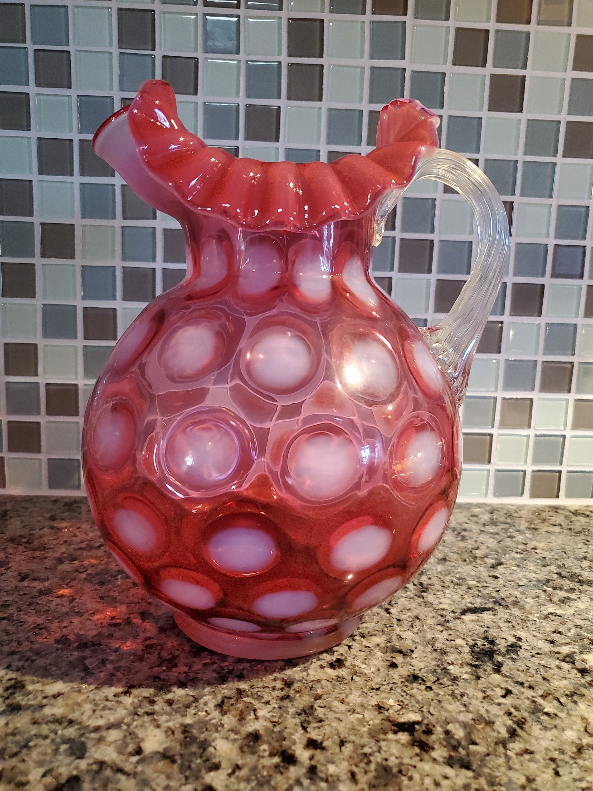 スペシャル！40s〜クランベリーオパールセントコインドットピッチャーFenton Fenton for L.G. Wright Cranberry Opalescent Dot Optic