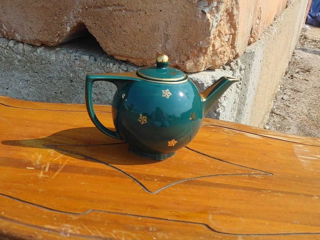 Hall China Teal Green W/gold Stars Teapot Vintage 6 Cup Round Ceramic