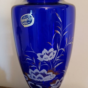 Bohemia Czech Republic Cobalt Blue Glass Vase  ~ White Water Lilies With Gold Accents ~ Hand Painted ~ Art Glass ~ Collectble Glass ~