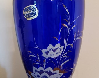 Bohemia Czech Republic Cobalt Blue Glass Vase ~ White Water