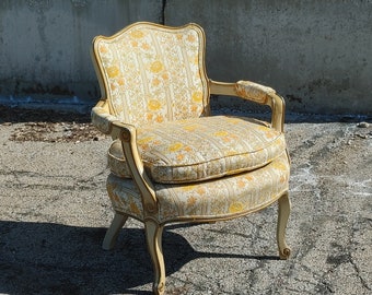 Super Comfy Vintage Fauteuil Armchair ~ Yellow Floral Upholstery ~ Distressed Chippy Paint ~ Cabriole Legs