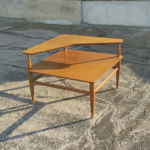 Vintage 2 Tier Wooden Corner Table Square Danish Modern Vintage 2 Tier Wooden Corner Table, Mid Century Modern Two Tier Corner End Table