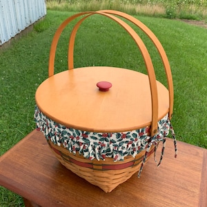 Longaberger 1994 Holiday Hostess Sleigh Bell Basket with Lid and Fabric Liner and Plastic Liner - Handwoven - Two Swing Handles