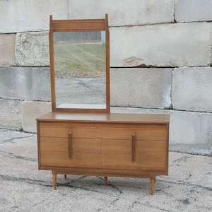 Vintage Danish Modern Double Dresser w/Offset Mirror ~ Burlwood Vertical Pulls ~ Tapered Legs ~ 6 DrawerCredenza ~ MCM