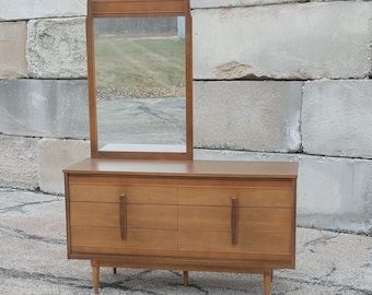 Vintage Danish Modern Double Dresser w/Offset Mirror ~ Burlwood Vertical Pulls ~ Tapered Legs ~ 6 DrawerCredenza ~ MCM