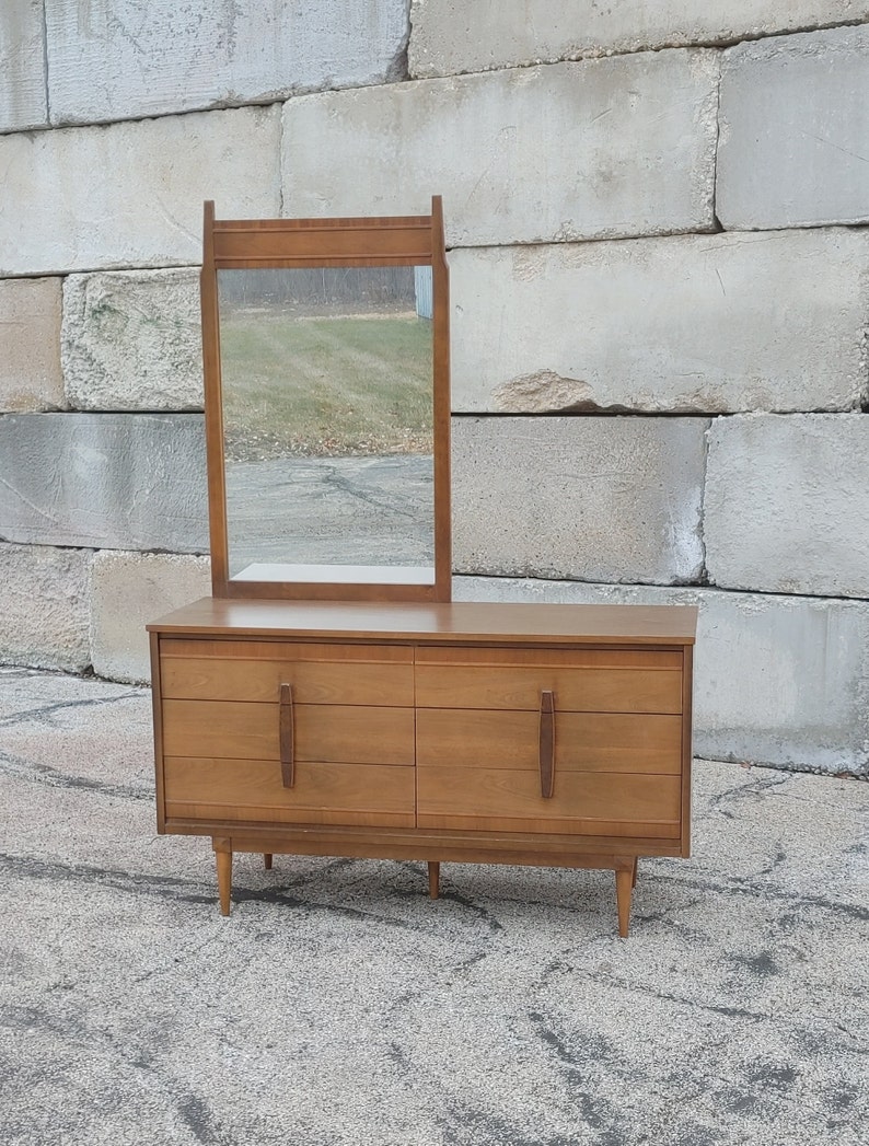 Vintage Danish Modern Double Dresser w/Offset Mirror ~ Burlwood Vertical Pulls ~ Tapered Legs ~ 6 DrawerCredenza ~ MCM image 1
