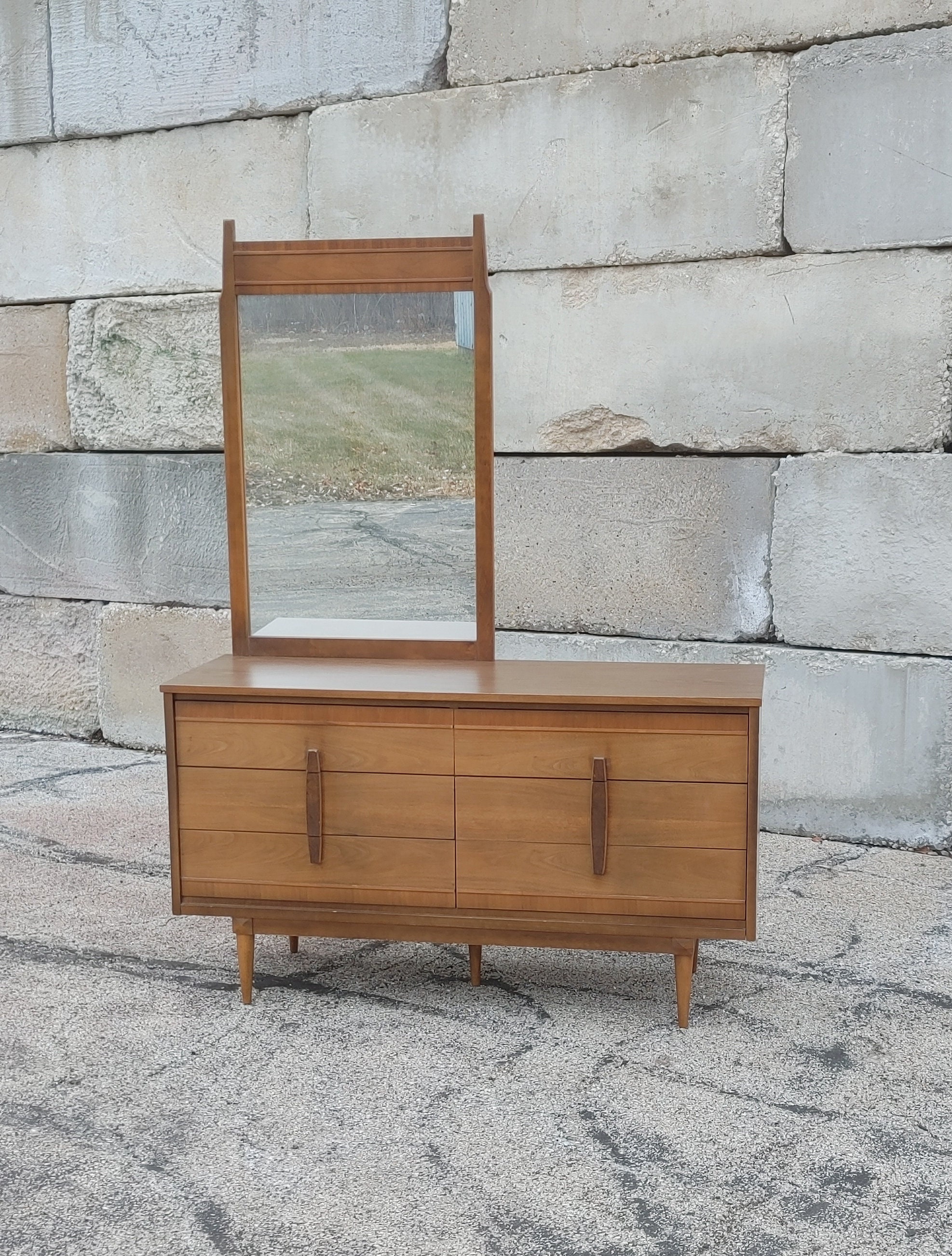 Vintage Danish Modern Double Dresser W/offset Mirror