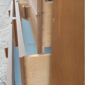 Vintage Danish Modern Double Dresser w/Offset Mirror ~ Burlwood Vertical Pulls ~ Tapered Legs ~ 6 DrawerCredenza ~ MCM image 5