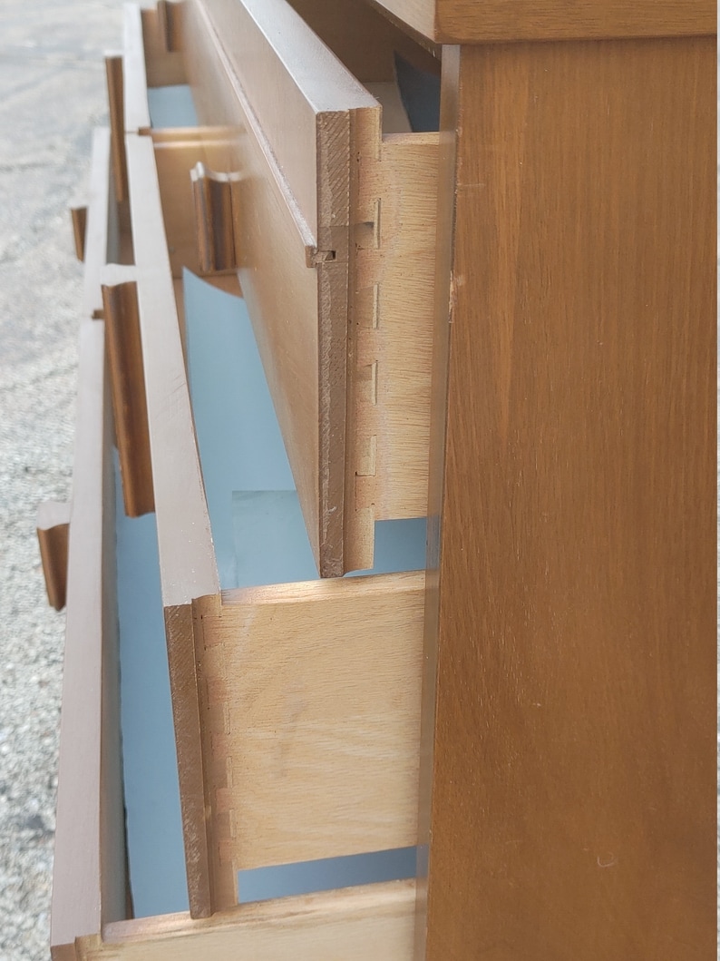 Vintage Danish Modern Double Dresser w/Offset Mirror ~ Burlwood Vertical Pulls ~ Tapered Legs ~ 6 DrawerCredenza ~ MCM image 5