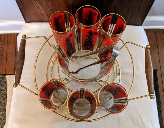 Culver Glassware and Caddy, Thai Princess Set of 8 Highball Cocktail Glasses,  Vi