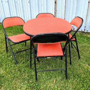 Samsonite Oval Folding Table and Chairs Red Black Vintage Card