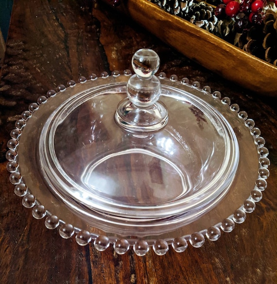 Imperial Candlewick Vintage Candy Dish with Lid, Elegant 1950's Blown Glass, Covered 8.25" Serving Bowl, Mid Century