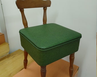 Adorable Vintage Sewing Chair W storage Avocado forest Green Vinyl