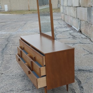 Vintage Danish Modern Double Dresser w/Offset Mirror ~ Burlwood Vertical Pulls ~ Tapered Legs ~ 6 DrawerCredenza ~ MCM image 4