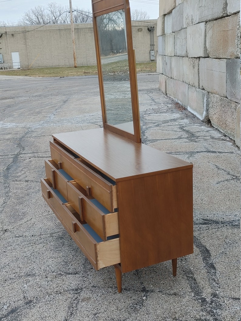 Vintage Danish Modern Double Dresser w/Offset Mirror ~ Burlwood Vertical Pulls ~ Tapered Legs ~ 6 DrawerCredenza ~ MCM image 4