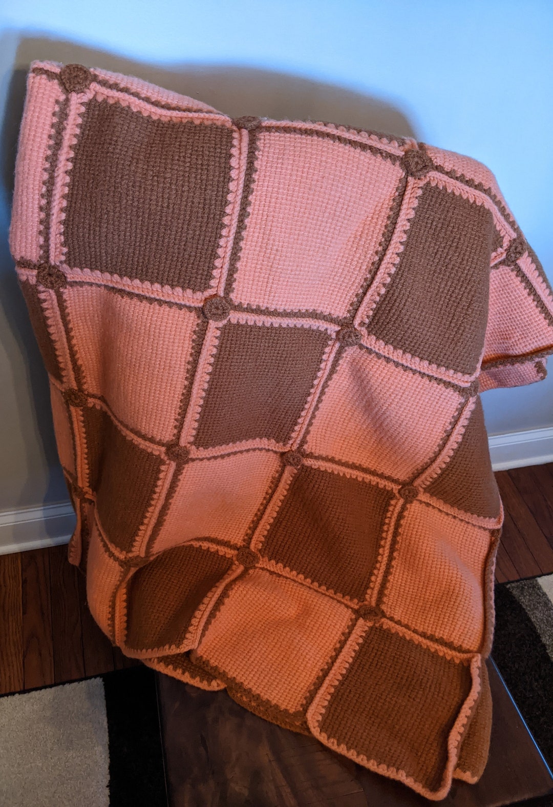 Vintage Hand Crocheted Wool Afghan Blanket Pink, Brown Squares Applied Rosettes Retro Wool Throw