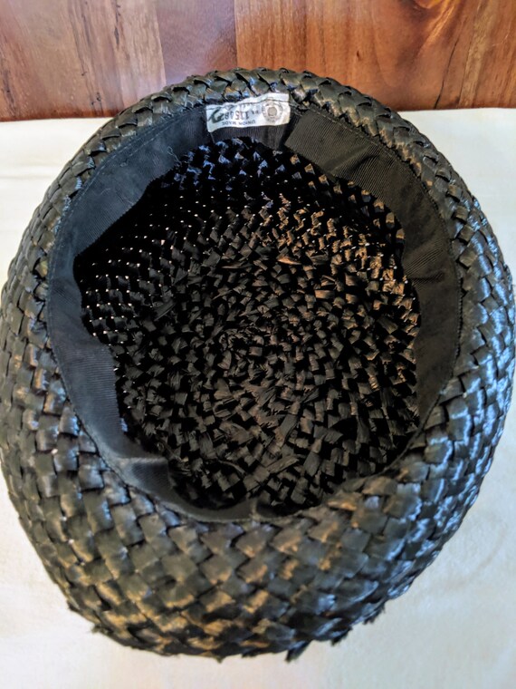 1960's Black Raffia Cellophane Straw Hat ~ Boho C… - image 9