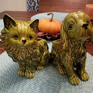 Enesco Dog and Cat Planters ~Vases ~ Puppy ~ Kitten ~ Avocado Green