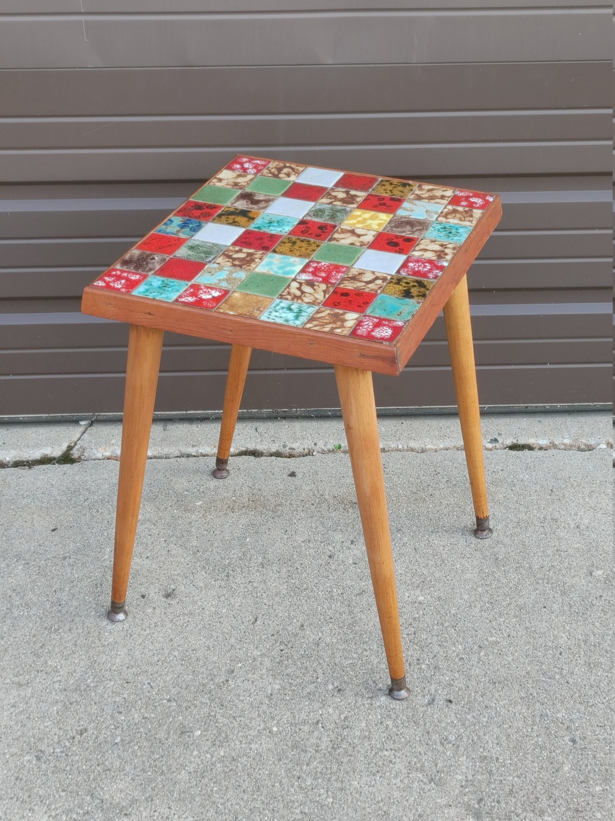 Vintage Ceramic Art Tile End Table ~ Colorful Handmade Side Round Tapered Wooden Legs Drinks Retro P