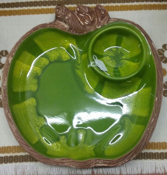 Sequoia Ware Green Apple Chip and Dip Ceramic Serving Tray ~ Drip Glaze ~ Party Dish ~ Retro ~ Kitschy Kitchen
