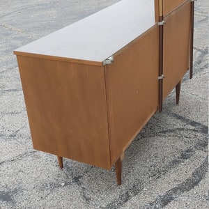 Vintage Danish Modern Double Dresser w/Offset Mirror ~ Burlwood Vertical Pulls ~ Tapered Legs ~ 6 DrawerCredenza ~ MCM image 9
